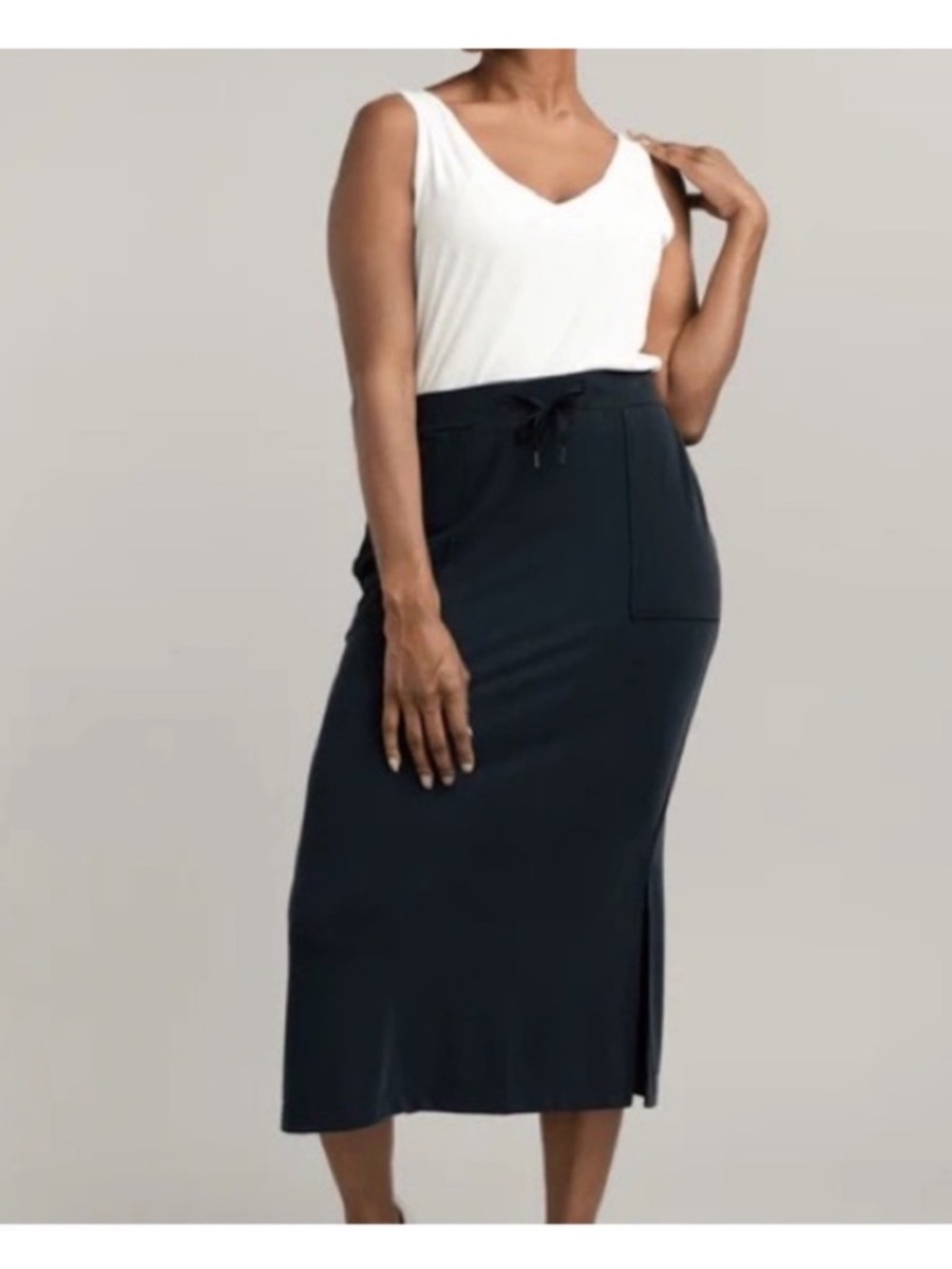 Cozy Earth Midi Bamboo Stretch Drawstring Black Skirt XL Pockets Comfy